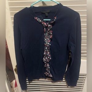 J. Crew Navy Blue Blouse with Floral Accents, XL, cotton & nylon, long sleeved,